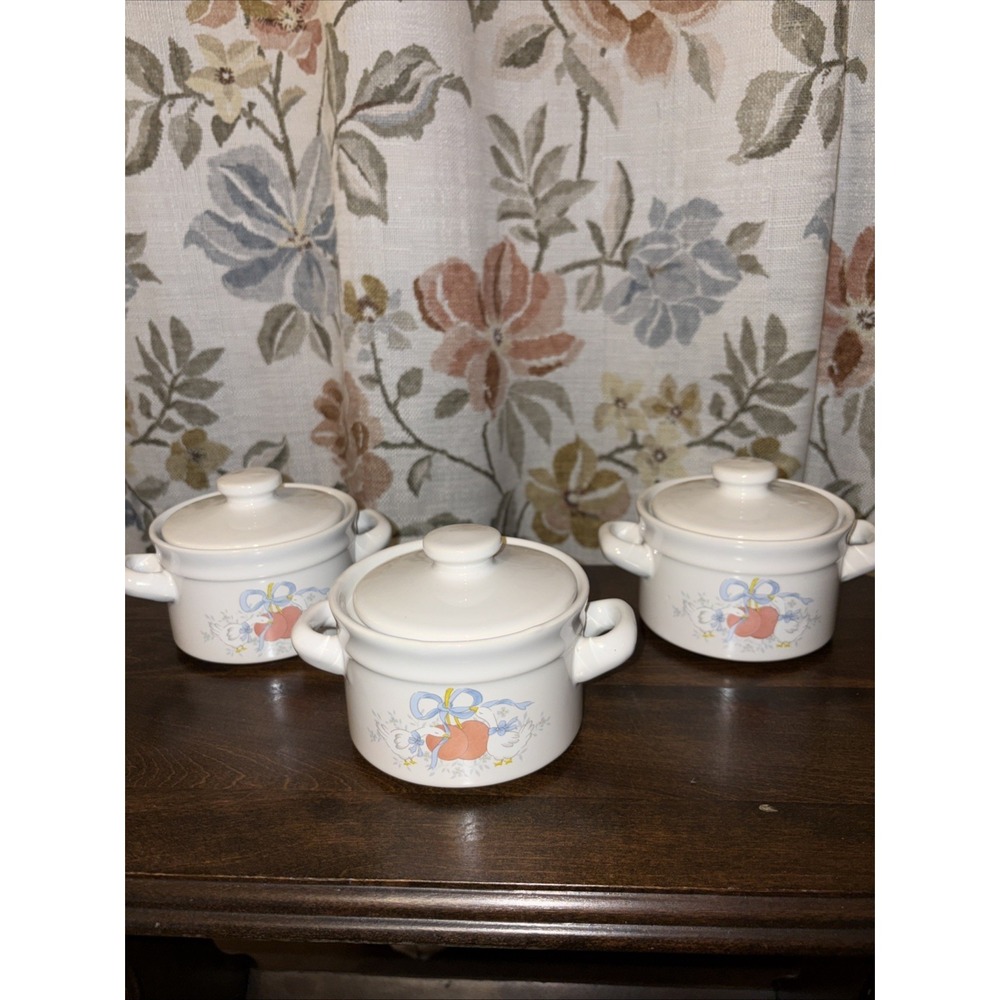 Stoneware Goose Duck Ribbon Individual Crocks With Handles Cottage Granny Core